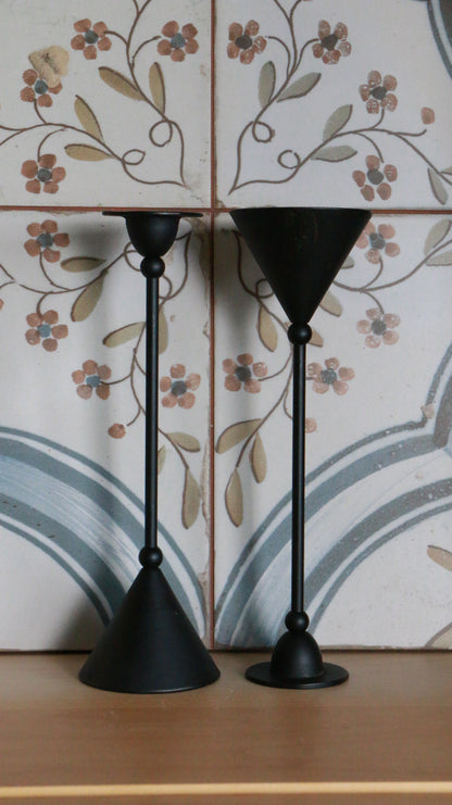 Pair of Vintage Memphis-style Black Metal Taper Candle Holders