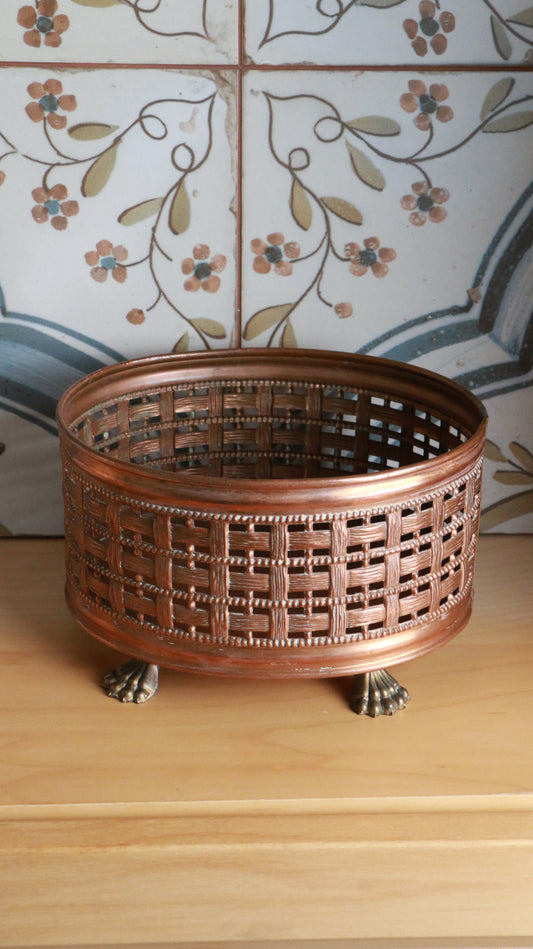 Vintage Copper-Tone Metal Basket with Claw Feet – 1960s