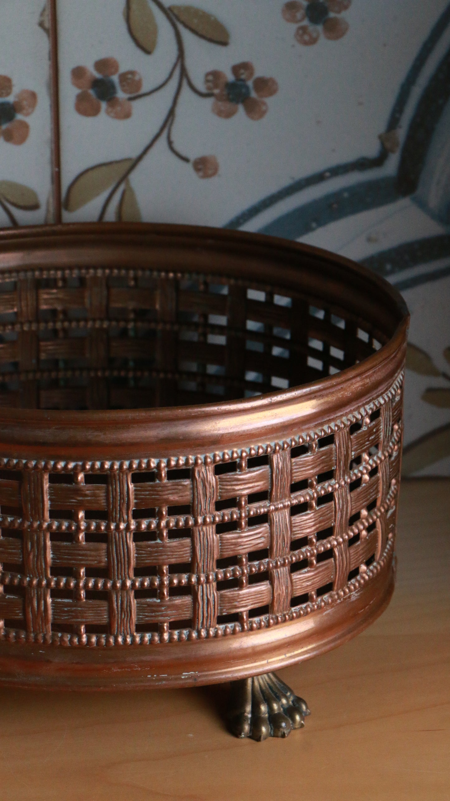Vintage Copper-Tone Metal Basket with Claw Feet – 1960s
