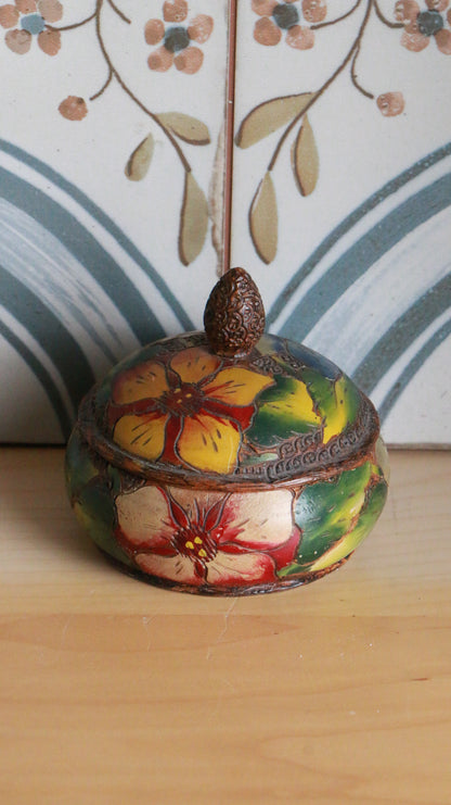 Antique Art Deco Hand-Painted Floral Wooden Trinket Box