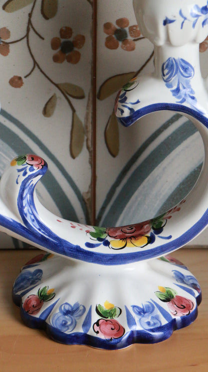 Hand-Painted Portuguese Ceramic Double-Arm Candle Holder