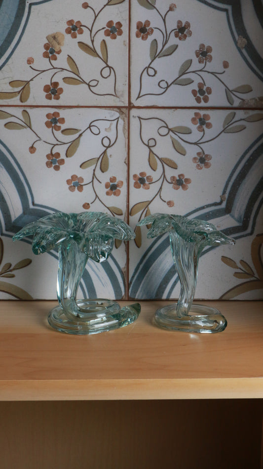 Pair of Vintage Hand-Blown Aqua Glass Calla Lily Vases