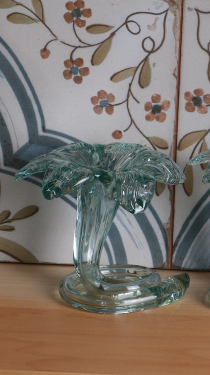 Pair of Vintage Hand-Blown Aqua Glass Calla Lily Vases
