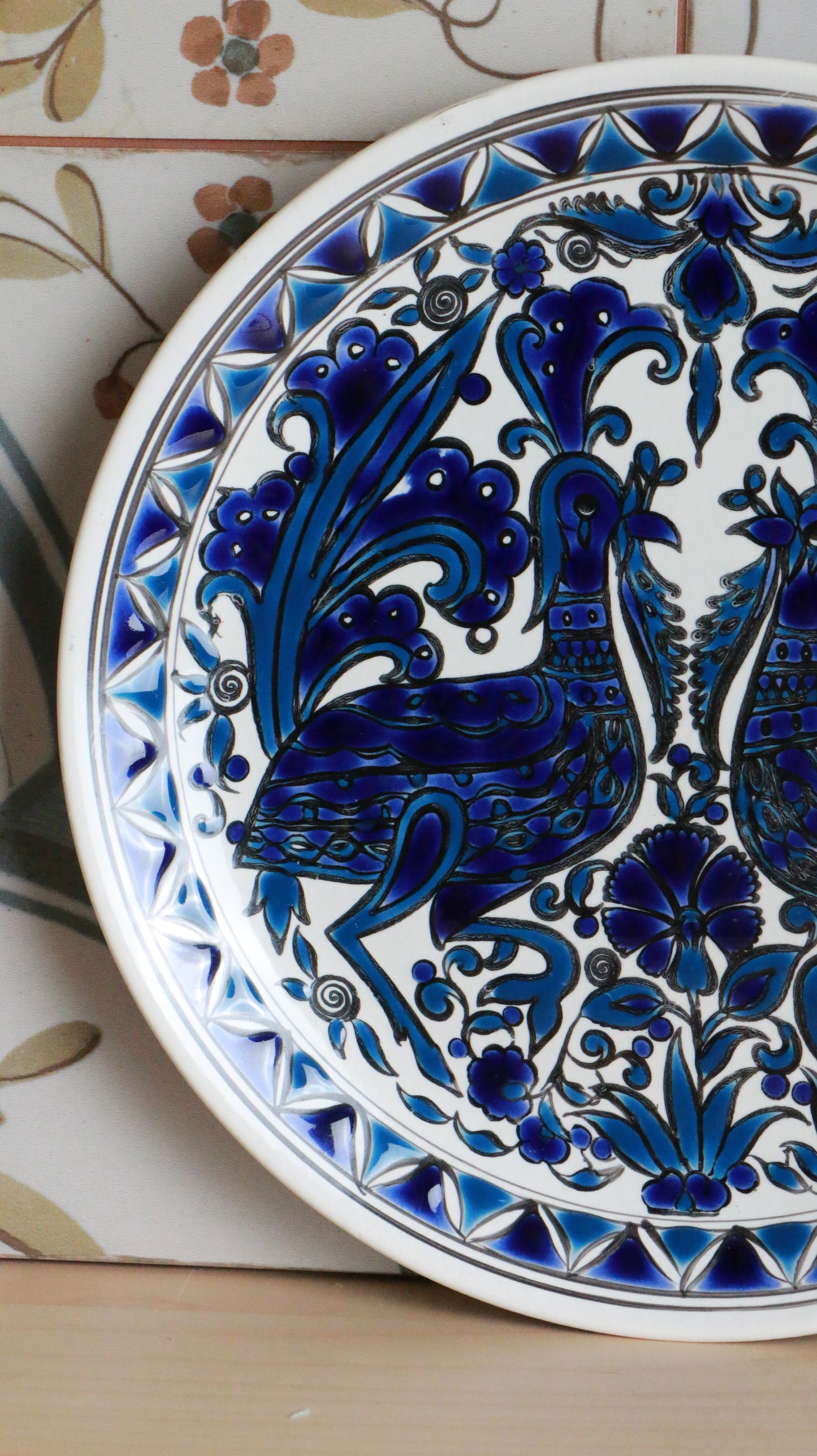 Handmade Greek Ceramic Plate with Twin Peacocks by Dakas Keramik