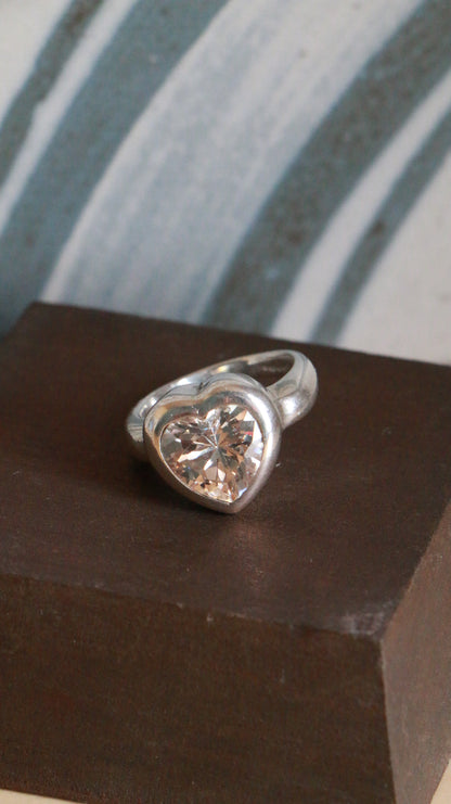 Vintage Sterling Silver Ring with Rosy Heart-Cut Clear Stone
