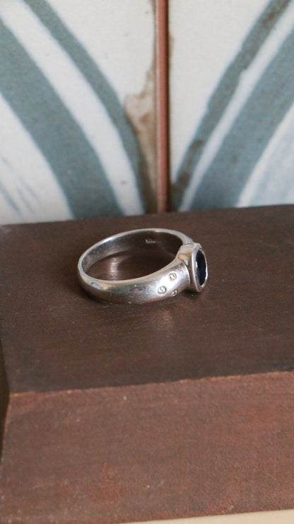 Vintage Sterling Silver Ring with Blue Sapphire & CZ Diamonds