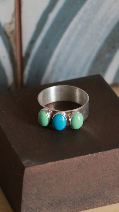 Vintage Sterling Silver Ring with Turquoise and Green Cabochons