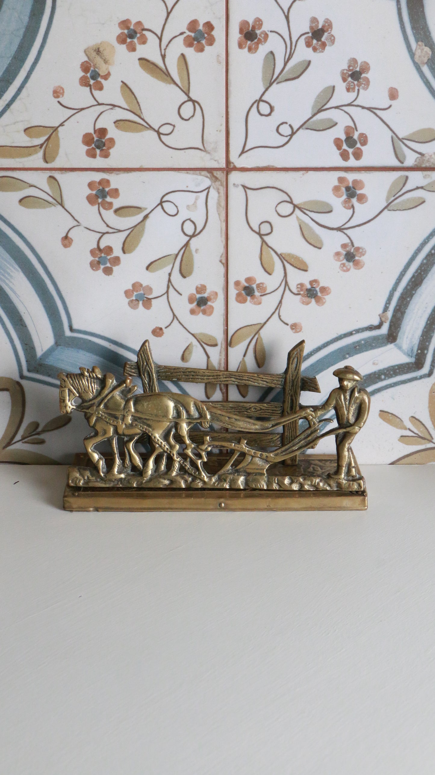 Vintage Brass Farmer and Horse Plough Sculpture Letter Holder