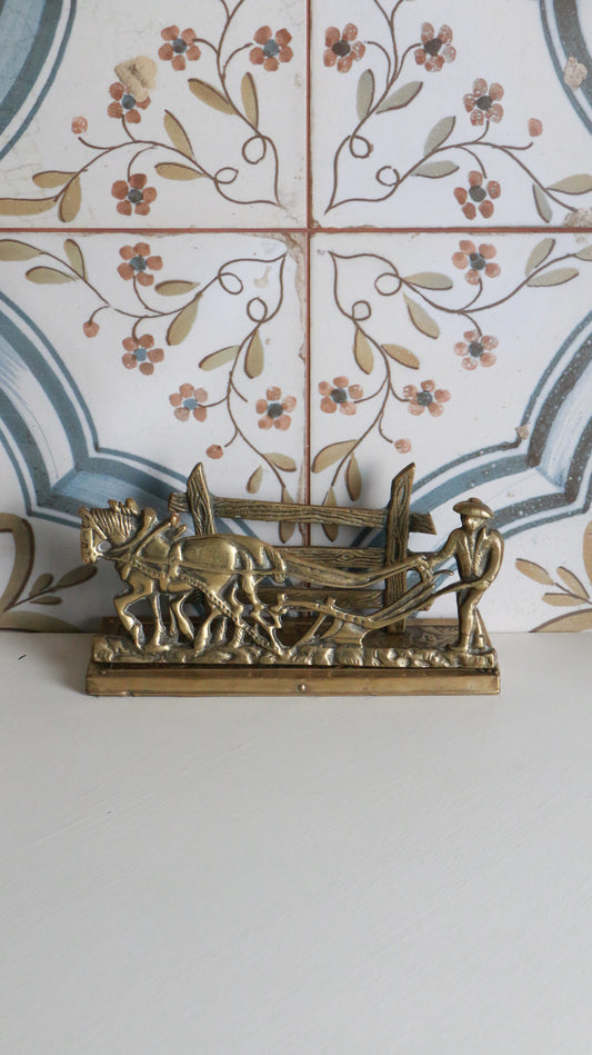 Vintage Brass Farmer and Horse Plough Sculpture Letter Holder