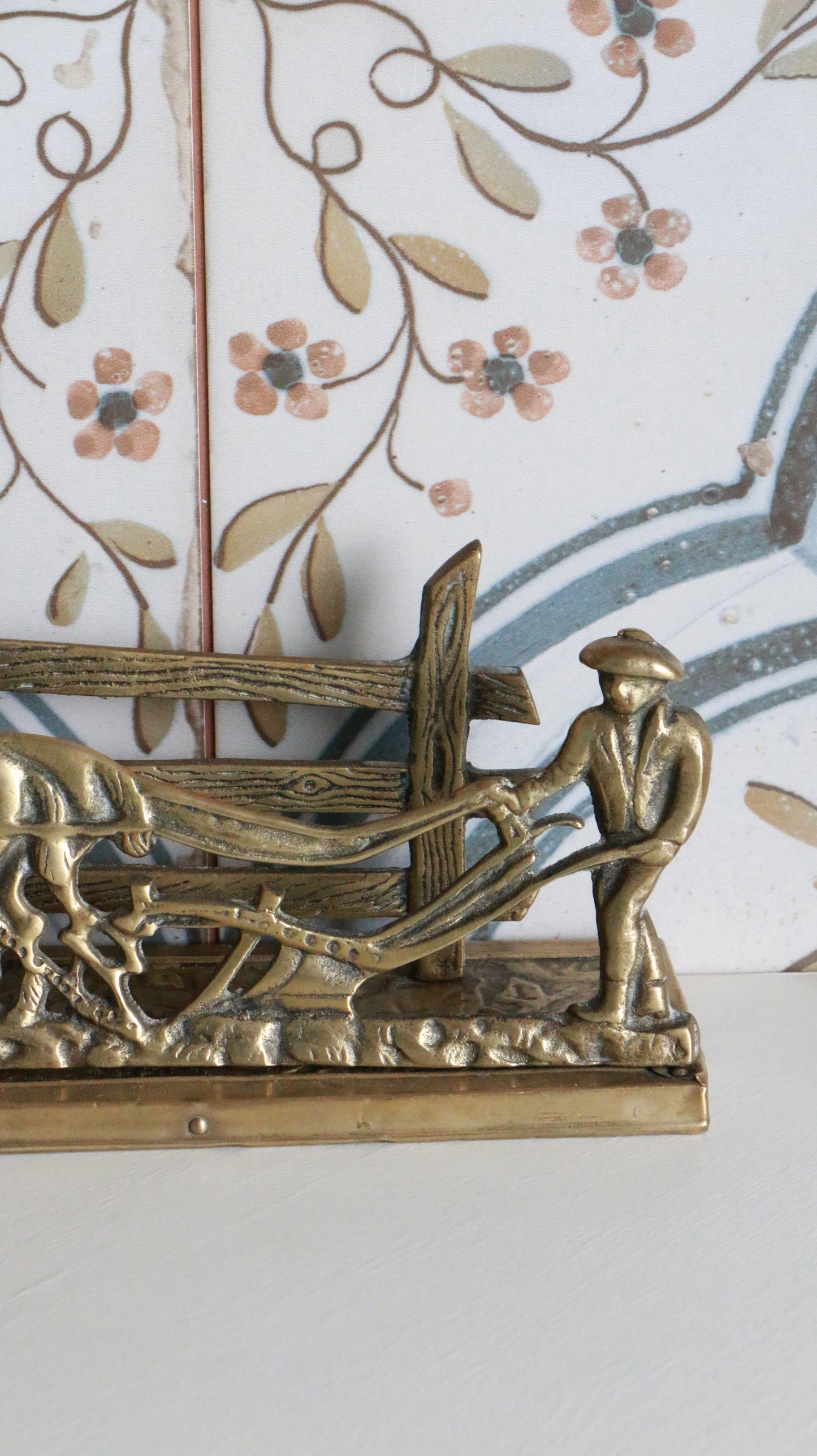 Vintage Brass Farmer and Horse Plough Sculpture Letter Holder