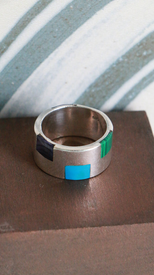 MARRAKESH EDIT - Vintage Inlay Sterling Silver Band with Multicolour Gemstone Mosaic