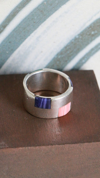 MARRAKESH EDIT - Vintage Inlay Sterling Silver Band with Multicolour Gemstone Mosaic